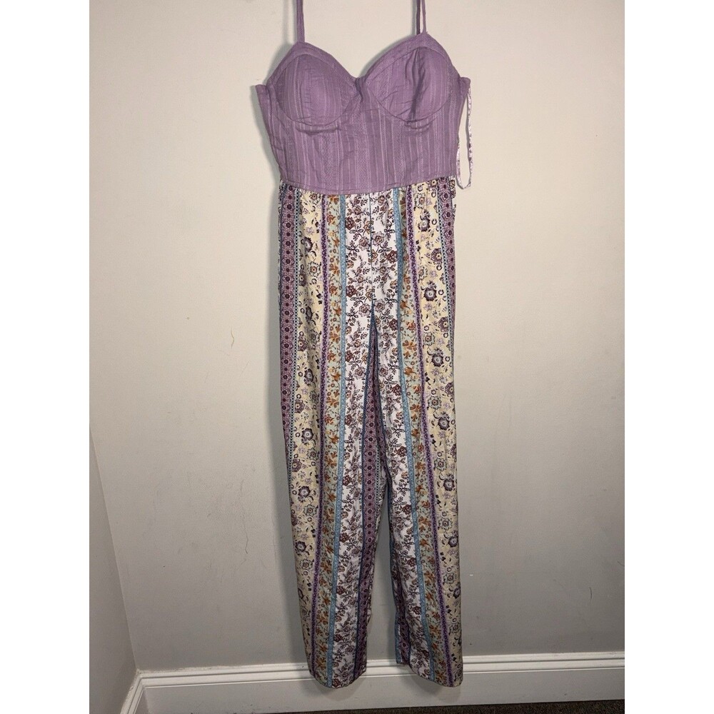 BOG Collective Bustier Jumper Sz M Floral Purple Smocked Jumper Pockets